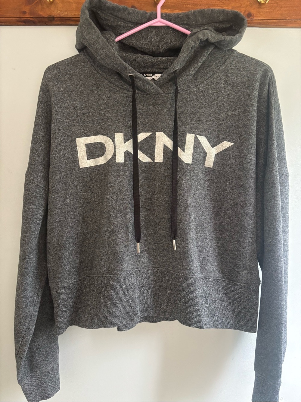 DKNY Sport Heather Gray Pullover Hoodie with Logo Trim
